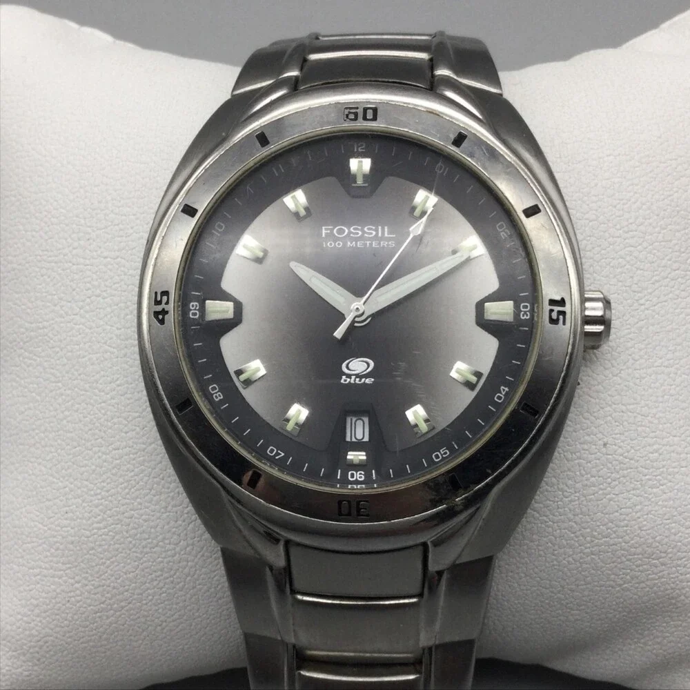 Fossil Blue AM-3752 Mens Watch 40mm Silver Dial Stainless Date New Battery 7.75